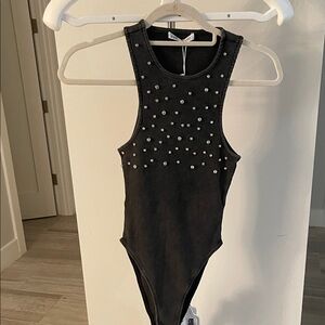 Black Sleeveless Bodysuit with Rhinestones